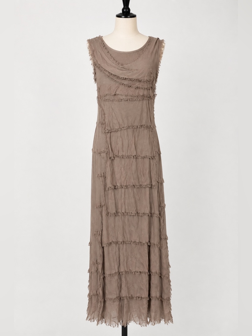 NWT Italy Moda Silk Raw Edge Tiered Midi Dress Taupe/Muted Brown - One Size
